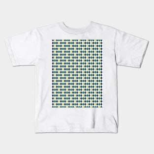 Green Navy Blue and White Argyle Pattern Diamond Checks Kids T-Shirt